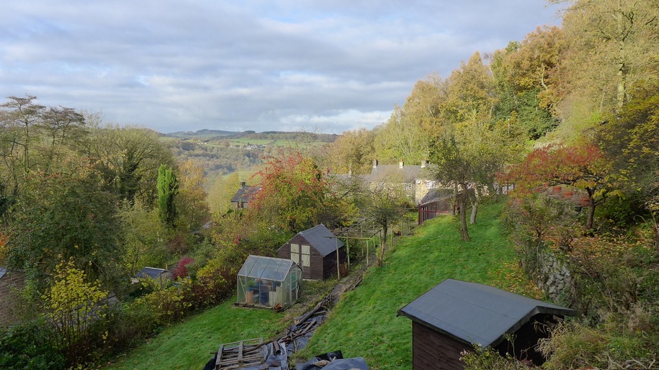 Long back gardens with sheds and a greenhouse behind a row of stone cottages on a hillside